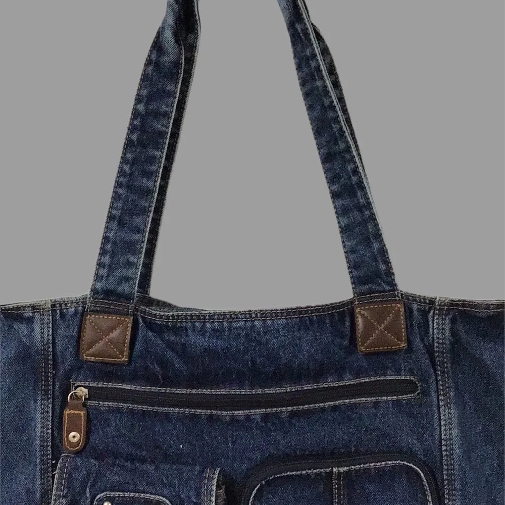 Denim Lightweight Large Tote, Shoulder Bag, Shopping, Pocket Decor, Cotton, Blue - Picture 9 of 11
